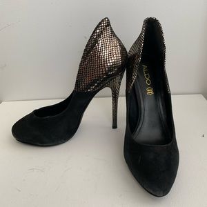ALDO Black Suede & Chrome Snake Stilettos Size 9 PUMPS Never Worn Animal Print
